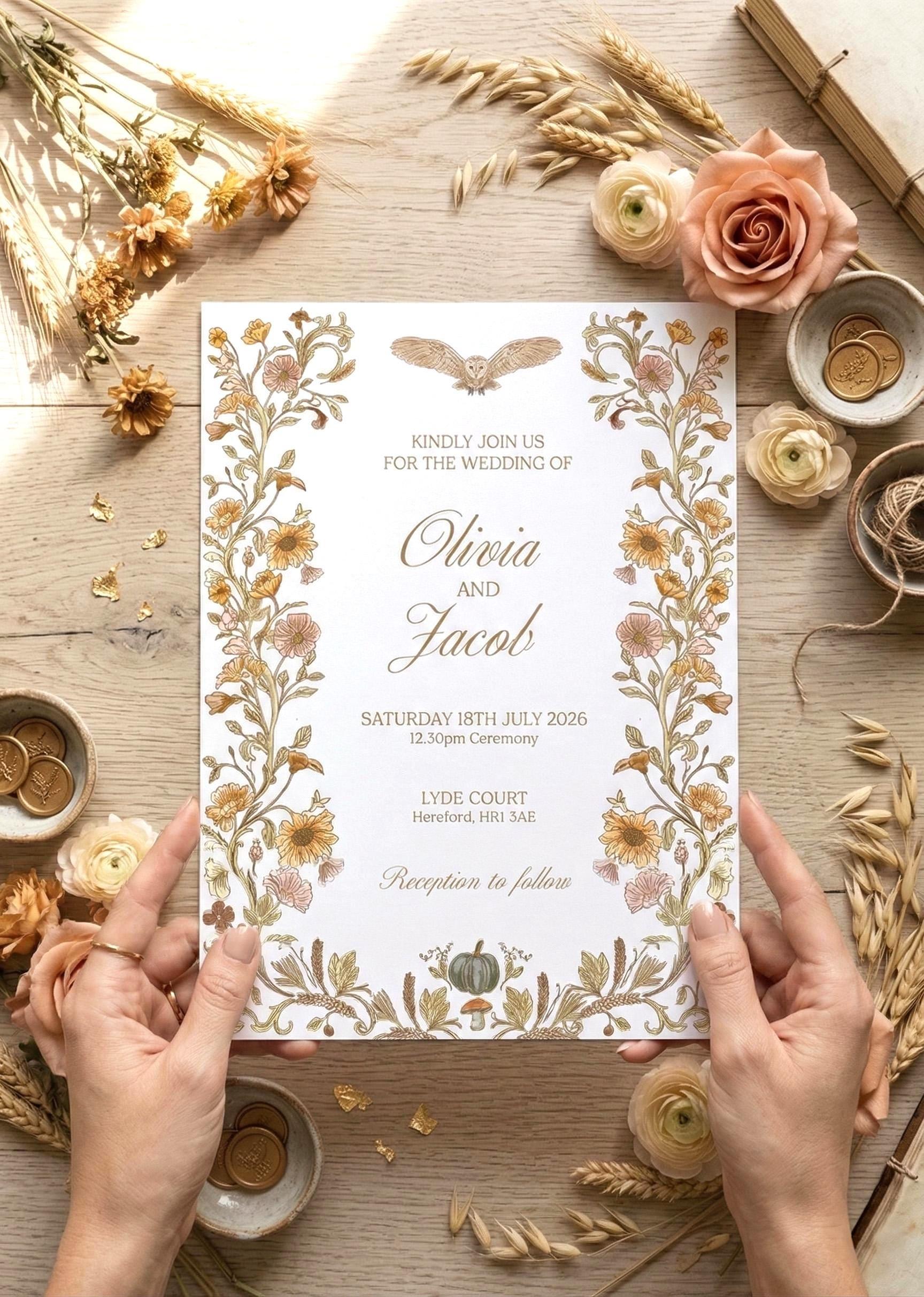 Hands holding an autumn floral wedding invitation for Olivia and Jacob at Lyde Court, Hereford, with a barn owl at the top, a border of sunflowers and pink flowers, and a pumpkin at the bottom, surrounded by dried wheat, roses and gold wax seals