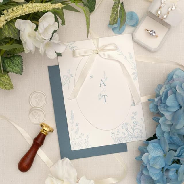 Blue floral oval invitation with an A & T monogram, dusty blue botanical line drawings and an ivory satin bow, on a slate blue envelope beside blue hydrangeas, wax seals and a ring box.