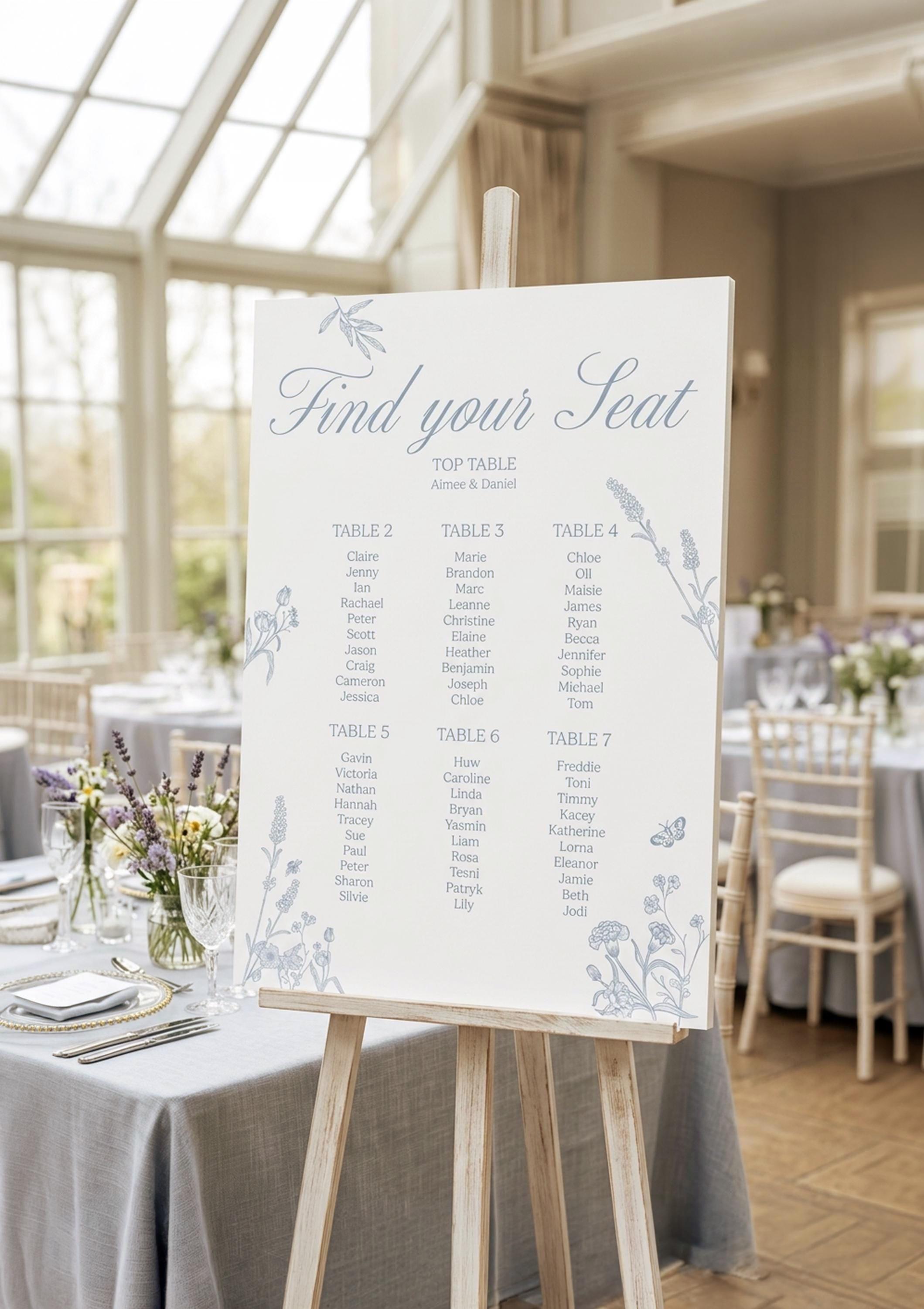 Blue floral wedding seating plan on a white easel in a conservatory venue, laid out by table with the top table at the top and guest names in columns under tables 2 to 7