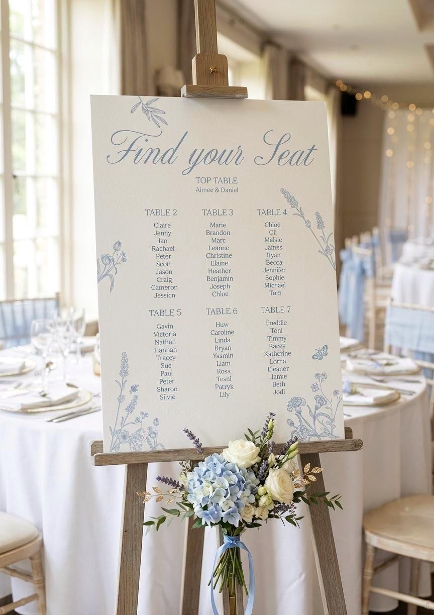 Blue floral wedding seating plan headed ‘Find your Seat’ on a wooden easel, with Aimee and Daniel on the top table and guest names listed under tables 2 to 7, a posy of blue hydrangeas and white roses tied to the easel