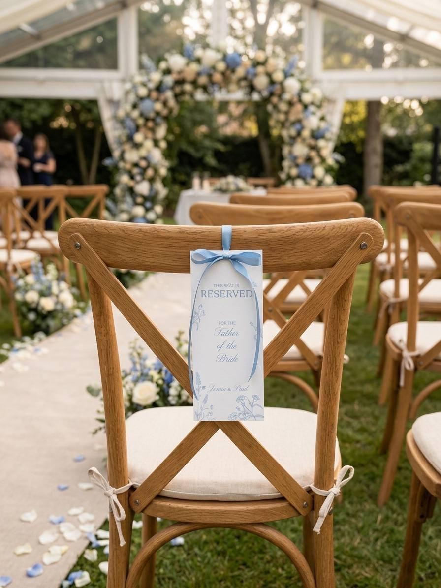 Blue wildflower reserved seat tag for the Father of the Bride, hung with a blue satin bow on a wooden cross-back chair at an outdoor ceremony, with a blue and white flower arch and petals along the aisle behind