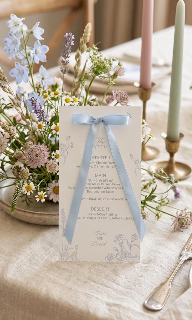 A wedding menu card tied with a light blue ribbon, with floral illustrations and the text "The Menu." The menu lists starter, main, and dessert options. A floral arrangement and candles are in the background.