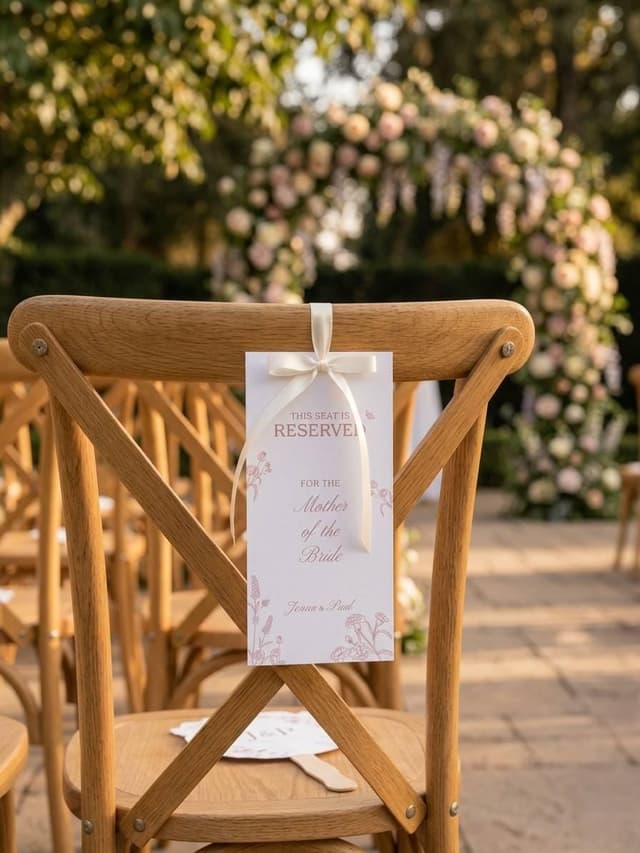 A wooden chair with a sign reading "THIS SEAT IS RESERVED FOR THE Mother of the Bride", decorated with floral motifs and a cream ribbon. The chair is part of a wedding setup, with a floral arch in the background.