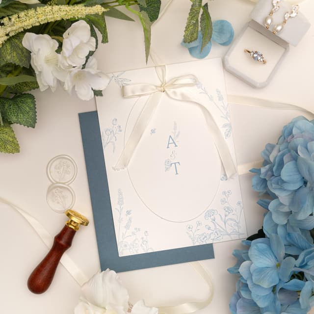 Dusty blue toile wedding invitation with an oval frame and A & T initials, tied with an ivory satin bow over a dusty blue envelope, beside ivory wax seals, a wax seal stamp, a ring box and blue hydrangeas