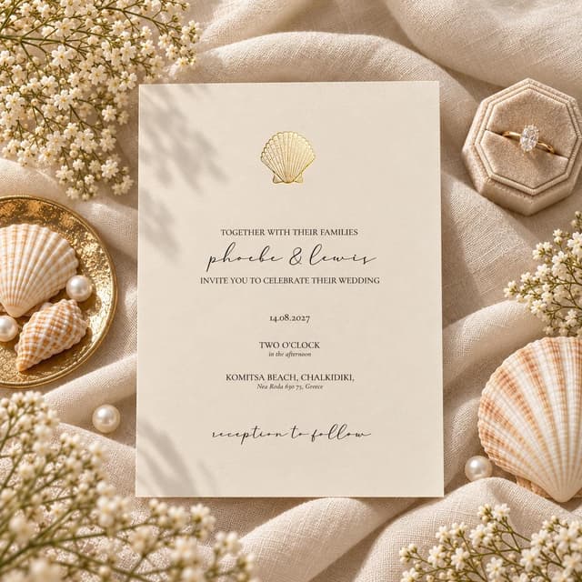 Cream wedding invitation with a gold foil scallop shell for Phoebe and Lewis, 14.08.2027 at Komitsa Beach, Chalkidiki, Greece, styled on linen with seashells, pearls, gypsophila and an engagement ring in a velvet box
