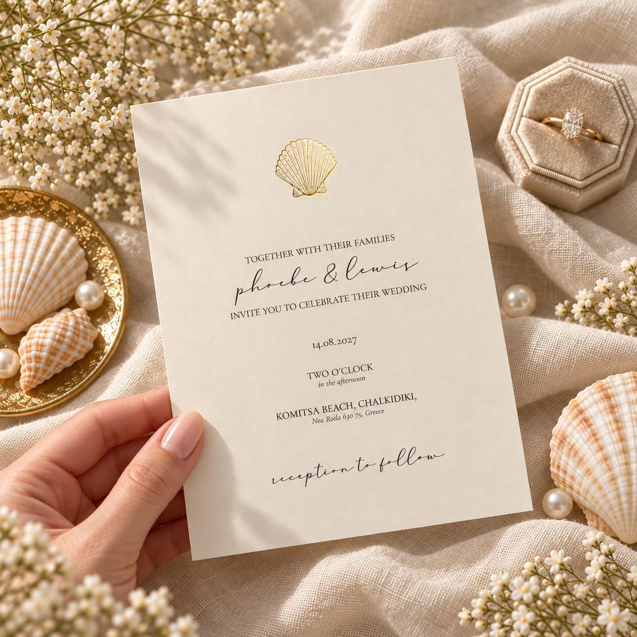 Hand holding the gold foil shell wedding invitation for Phoebe and Lewis at Komitsa Beach, Chalkidiki, Greece, reading ‘reception to follow’, above seashells, pearls and gypsophila