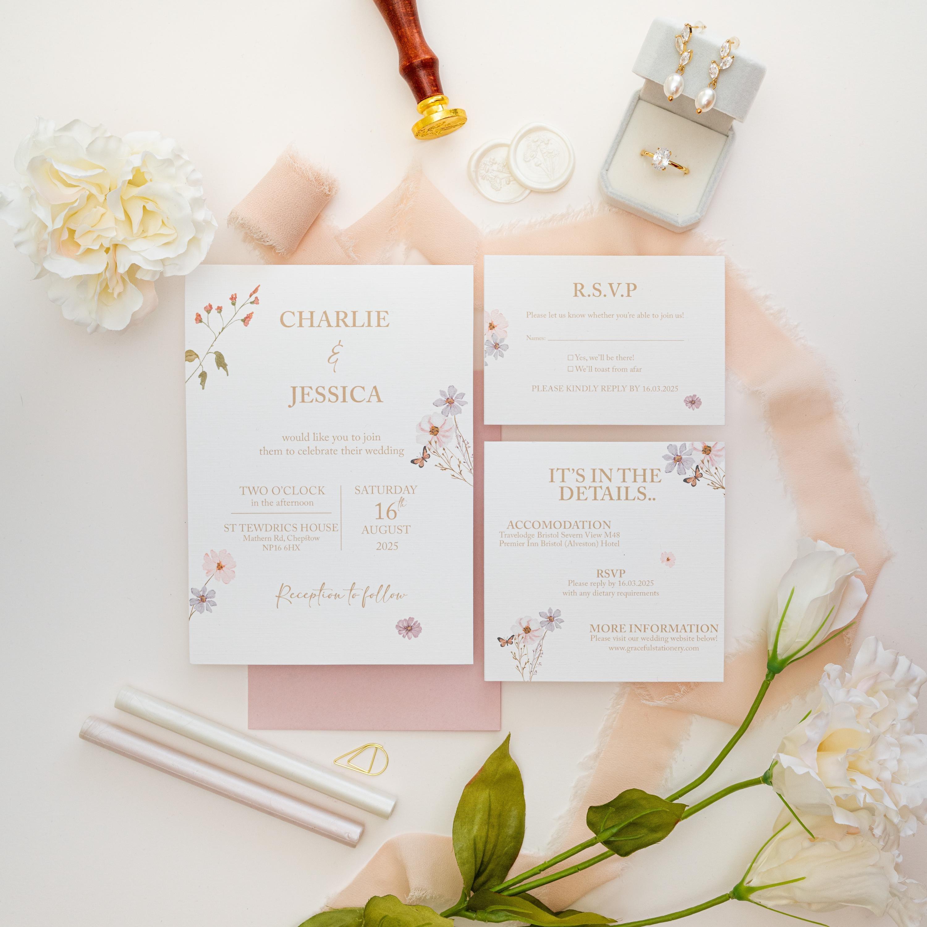 Grace wildflower wedding invitation for Charlie and Jessica with matching RSVP and details card