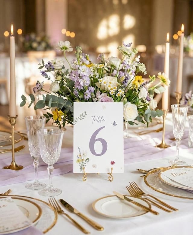 An elegant table setting with a floral arrangement, candles, and place settings. A table number 6 card is displayed on a gold stand. The table is decorated with a lavender runner and gold accents.