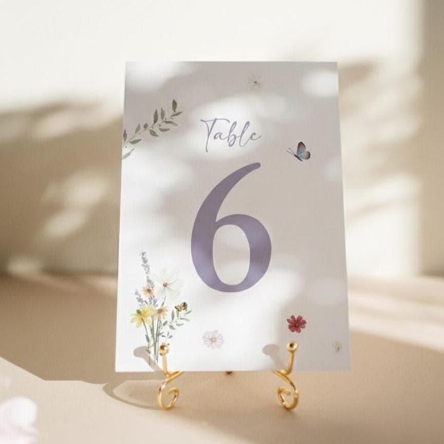 Meadow wildflower table number card reading ‘Table 6’ in lilac, with watercolour wildflowers and a butterfly, on a small gold easel in soft sunlight