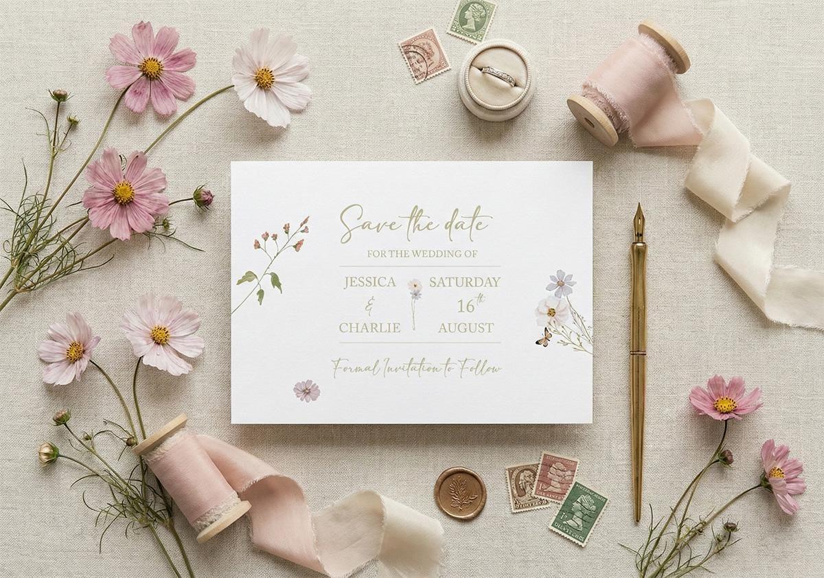 Pink floral save the date for Jessica and Charlie, Saturday 16th August, ‘Formal Invitation to Follow’, surrounded by pink cosmos, vintage stamps, a gold dip pen, blush silk ribbon and a wax seal