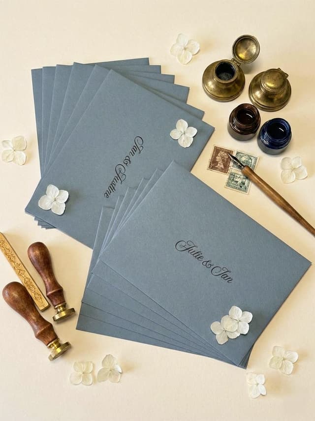 Two fanned stacks of dusty blue wedding envelopes printed with guests’ names in black script, such as Julie & Ian, styled with white hydrangea petals, brass inkwells, a dip pen, vintage stamps and wax seal stamps