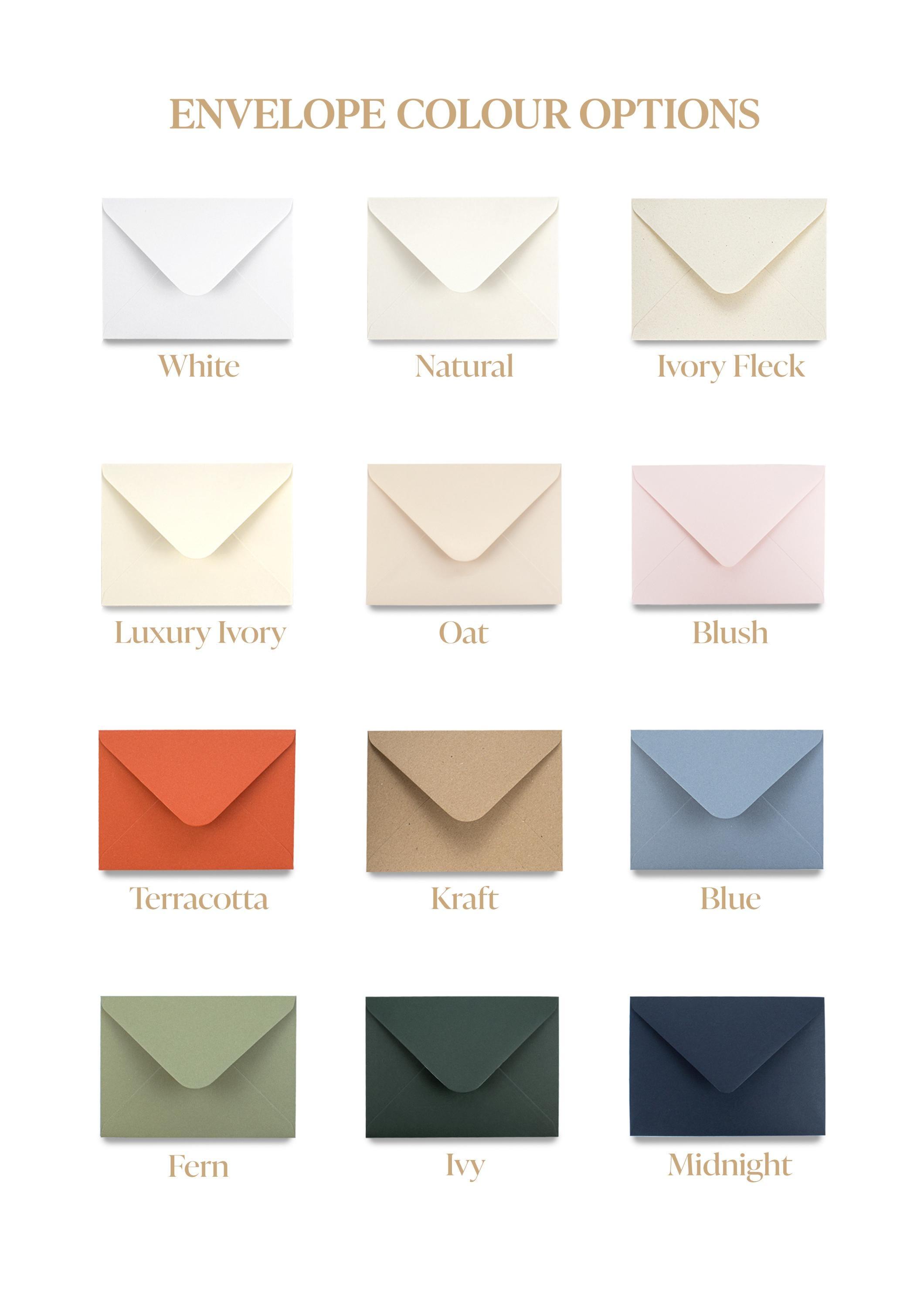 Chart of twelve envelope colour options: white, natural, ivory fleck, luxury ivory, oat, blush, terracotta, kraft, blue, fern, ivy and midnight