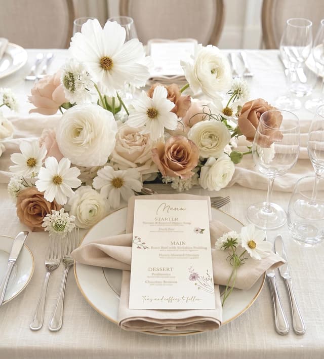A beautifully arranged table setting with a floral centrepiece. The arrangement includes white cosmos, roses, and other flowers in white, peach, and brown tones. A menu card sits on a plate with a folded napkin, cutlery, and wine glasses.