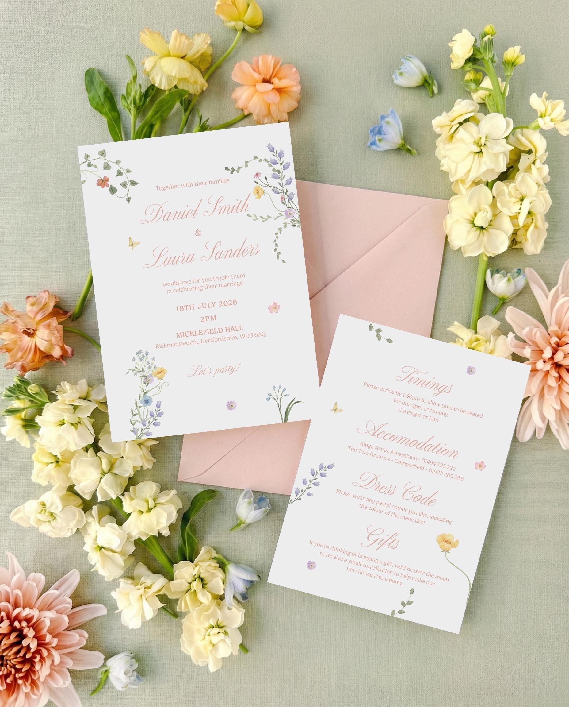 Soft pastel floral wedding invitation for Daniel Smith and Laura Sanders with a details card covering timings, accommodation, dress code and gifts, on a pink envelope among yellow stocks and peach flowers