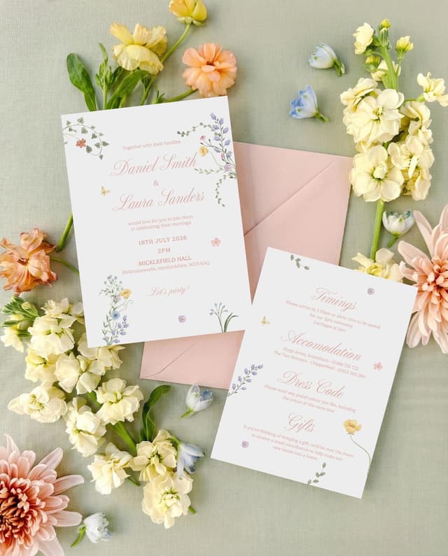 Soft pastel floral wedding invitation for Daniel Smith and Laura Sanders ending “Let’s party!”, beside a pink envelope and a details card with timings, accommodation, dress code and gifts, surrounded by pale yellow stocks and peach flowers