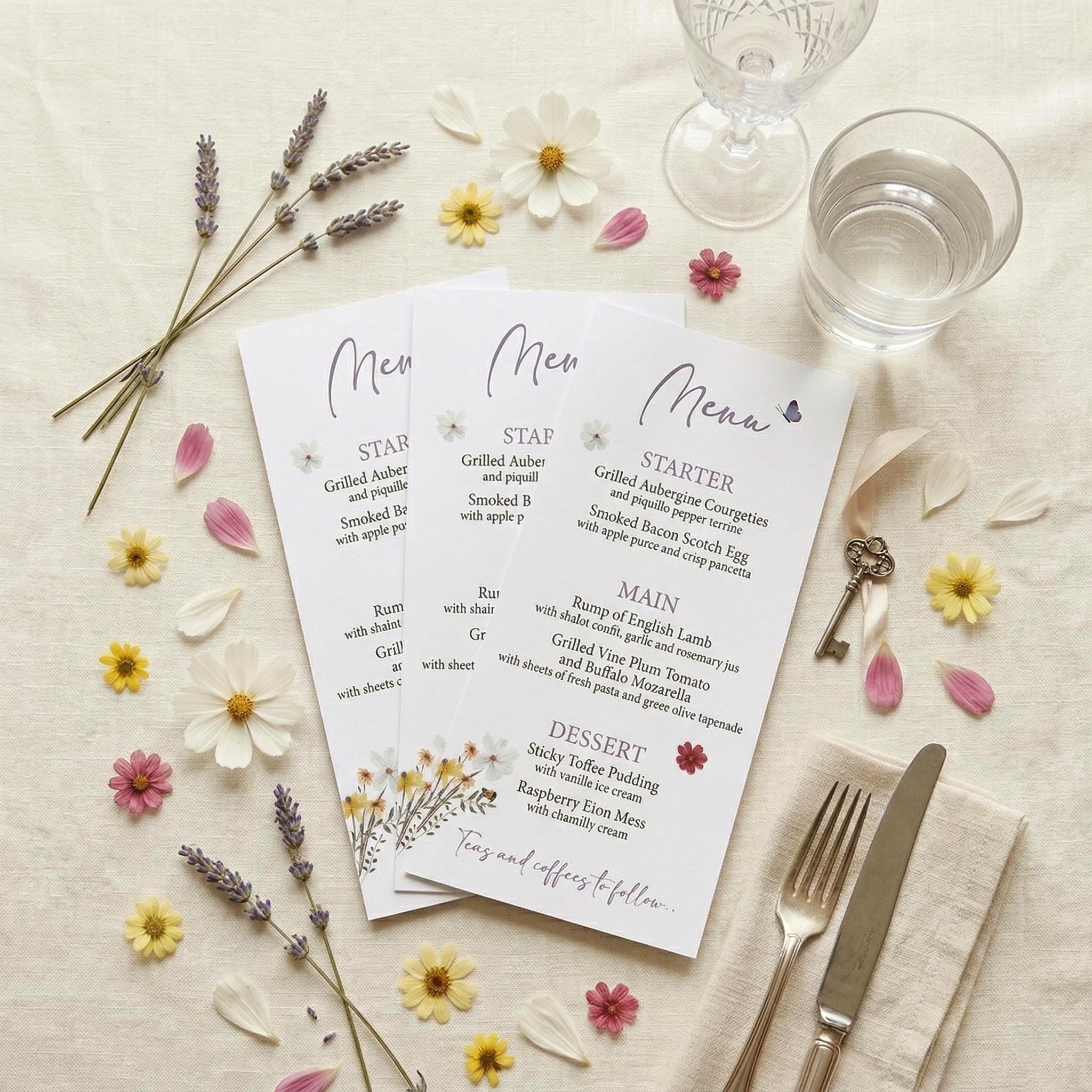 Three wildflower meadow wedding menus fanned out on a cream tablecloth, listing a starter, main and dessert with ‘Teas and coffees to follow’, beside lavender, cosmos, glassware and silver cutlery