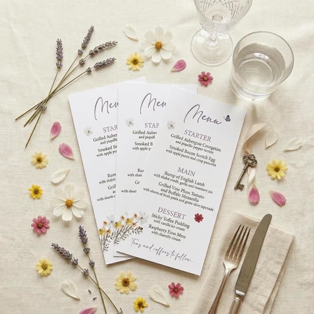 Three white menu cards with floral accents and handwritten text, arranged with lavender sprigs, flowers, and a key. A fork, knife, and glass of water are also present. The menu includes starters, main courses, and desserts.