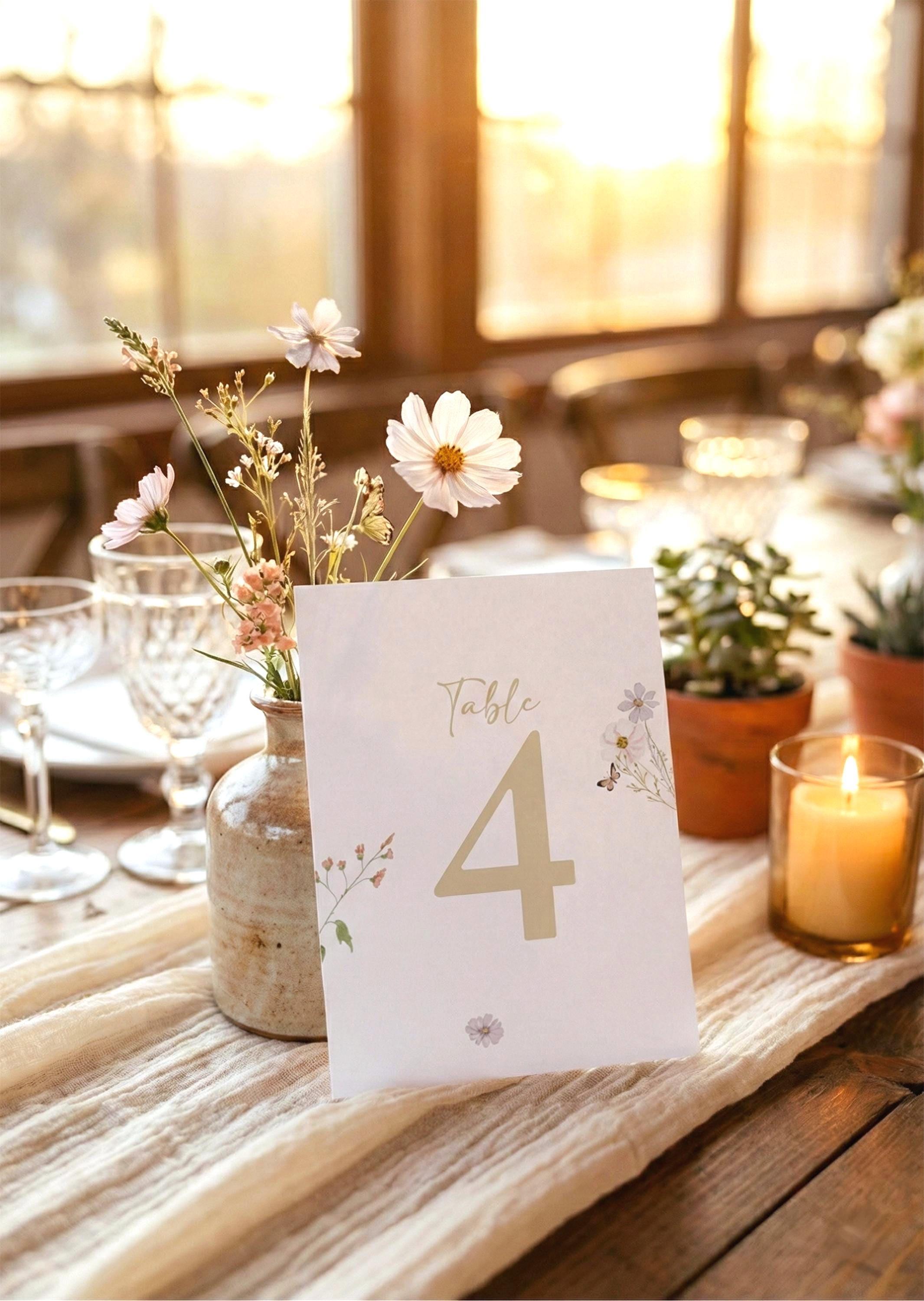 Wildflower table number 4 in gold, decorated with watercolour cosmos and a butterfly, propped against a stoneware vase of pink and white wildflowers on a rustic wooden table with candles