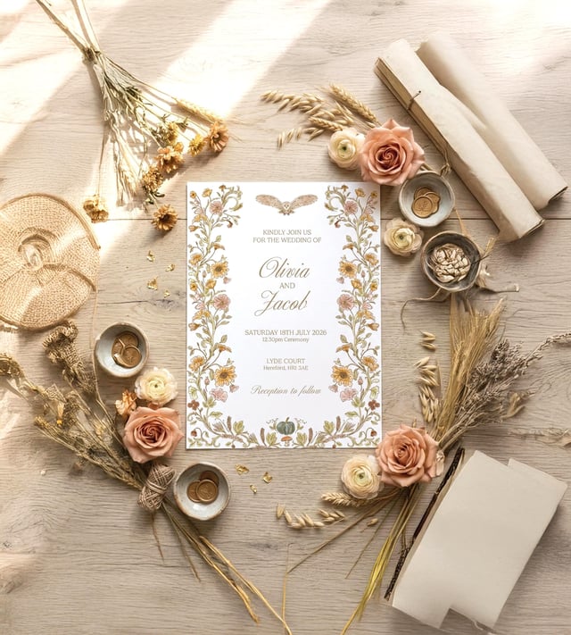 A wedding invitation featuring floral and owl designs. The invitation text reads "Olivia and Jacob" with the wedding date and venue. The invitation is surrounded by flowers, wheat, and decorative elements.