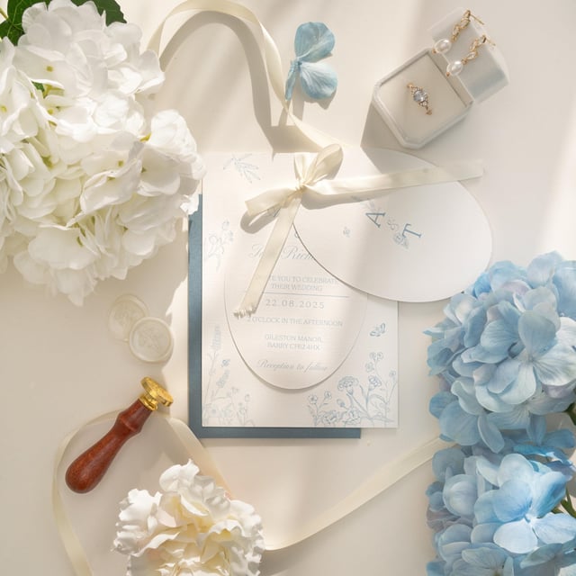 Blue floral oval invitation with its A & T cover lifted on an ivory ribbon to show the wedding details, with a slate blue envelope, white and blue hydrangeas, wax seals and a ring box.