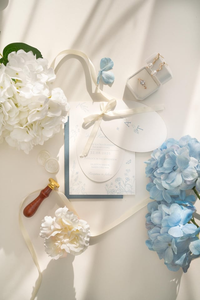 Blue floral oval invitation opened to show the wording beneath the A & T cover, on a slate blue envelope with ivory ribbon, hydrangeas, a wax seal stamp and a pale blue engagement ring.