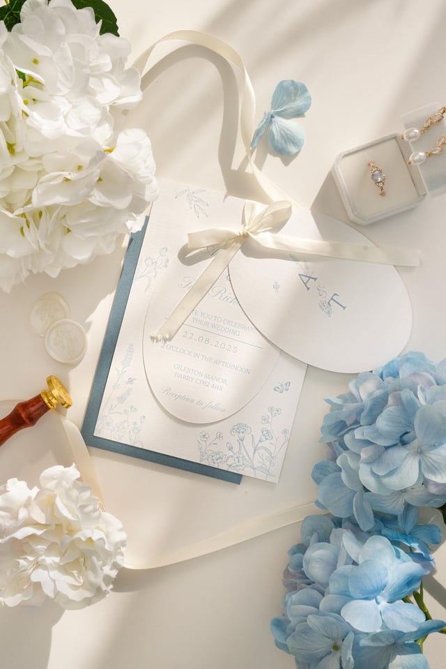 Overhead view of the blue floral oval invitation with its A & T cover lifted to reveal the date and venue, surrounded by blue and white hydrangeas, ivory wax seals and pearl drop earrings.