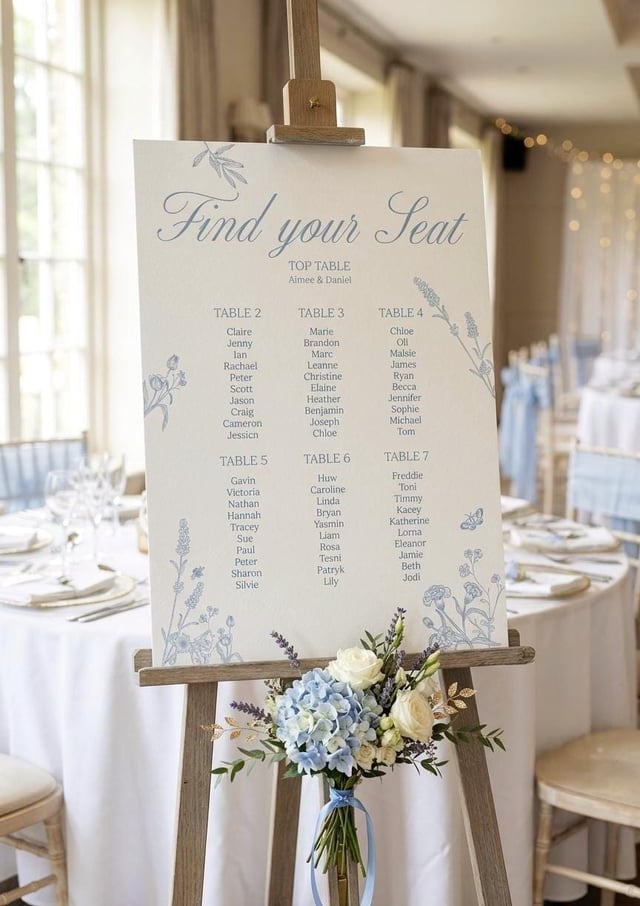A wedding seating plan displayed on a wooden easel, with the words "Find your Seat". Guest names are listed under table numbers, with light blue floral decorations. A bouquet of white and blue flowers is at the base of the easel.