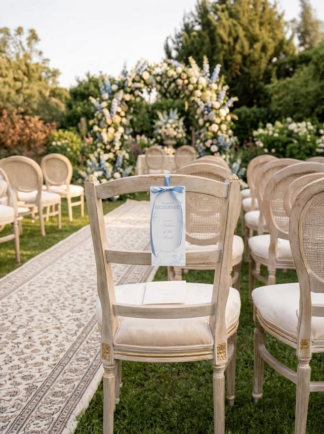 Blue wildflower reserved seat tag for the Father of the Bride, hung with a dusty blue bow on a limed French-style chair beside a garden ceremony aisle.