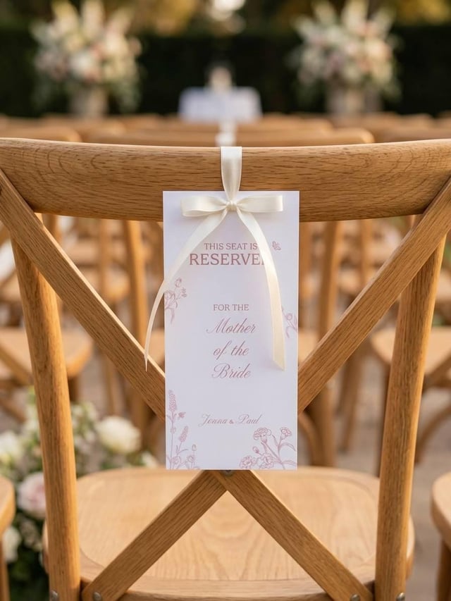 A cream-coloured reserved seating sign for the Mother of the Bride, tied to a wooden chair with a cream ribbon. The sign has pink floral details and text. The chair is one of many in a row, possibly for a wedding or special event.