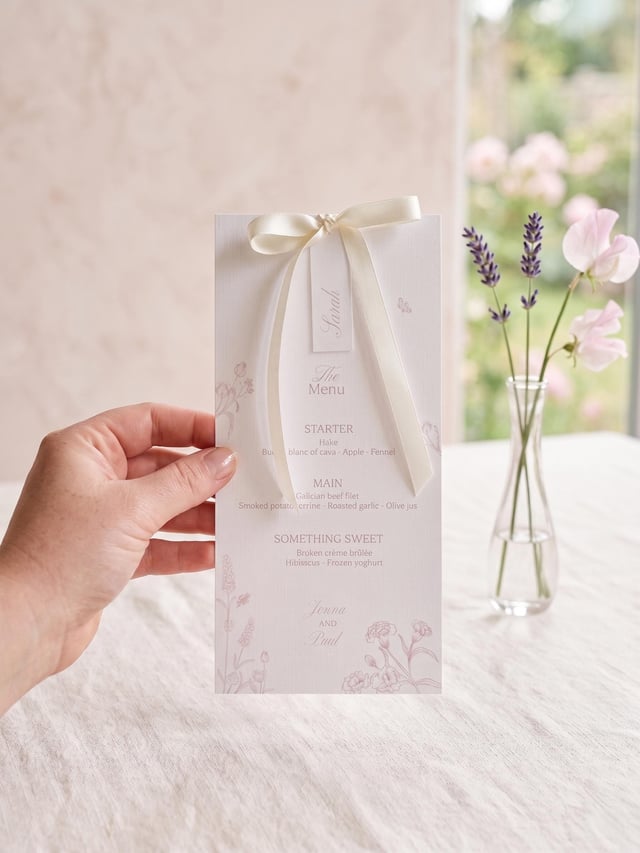 Hand holding a blush pink wildflower menu with a cream satin bow and a Sarah name tag, beside sweet peas and lavender in a glass bud vase.