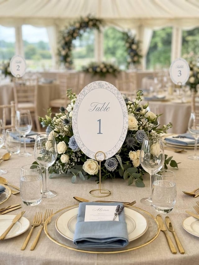 An oval table number sign labelled Table 1 with a floral border, displayed on a gold wire stand. The sign is nestled in a floral centrepiece of white and dusty blue roses, greenery, and thistle on a table set with blue napkins.