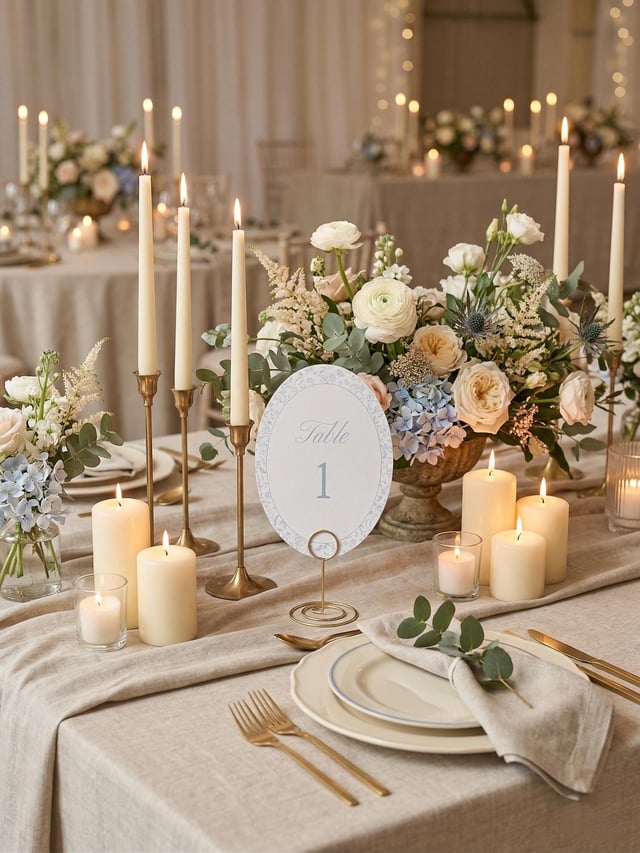 A table setting featuring a beige linen tablecloth, cream-coloured pillar and taper candles in gold holders, and a floral centrepiece with white roses, blue hydrangeas, and eucalyptus. An oval sign displays the text Table 1.