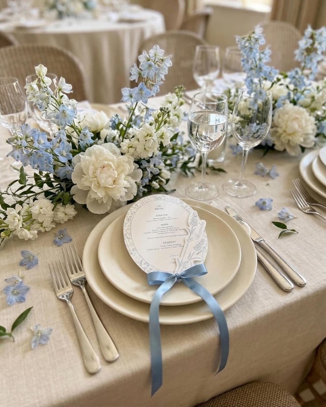 Dusty blue oval wildflower menu with a satin bow and guest name tag on a cream place setting, with white peonies and blue delphiniums.