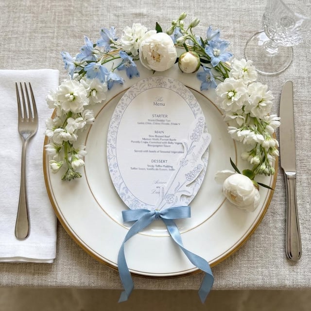 Top-down view of a dusty blue oval wildflower menu on a gold-rimmed plate, framed by white stocks, peonies and blue delphiniums.