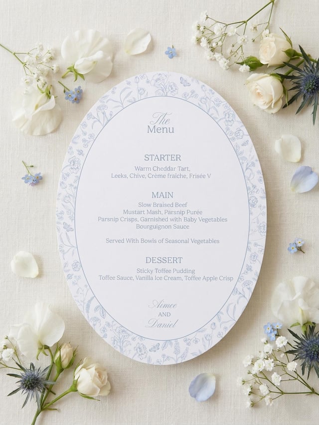 Dusty blue oval wildflower menu for Aimee and Daniel with a toile border, laid flat on linen with white sweet peas, roses and forget-me-nots.