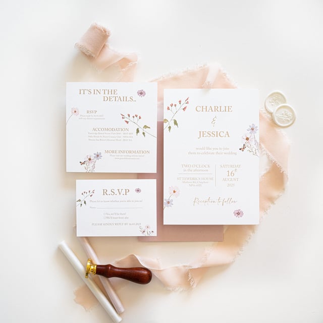 A wedding stationery set comprising an invitation, RSVP, and details card. The cards are white with floral designs and gold text. A wax seal, ribbon, and sealing wax are also included.