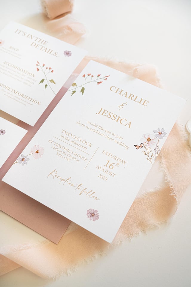 A wedding invitation suite with floral designs and elegant lettering. The main card announces "Charlie & Jessica" and event details. Soft pink and gold tones create a romantic feel. RSVP and accommodation information is also included.