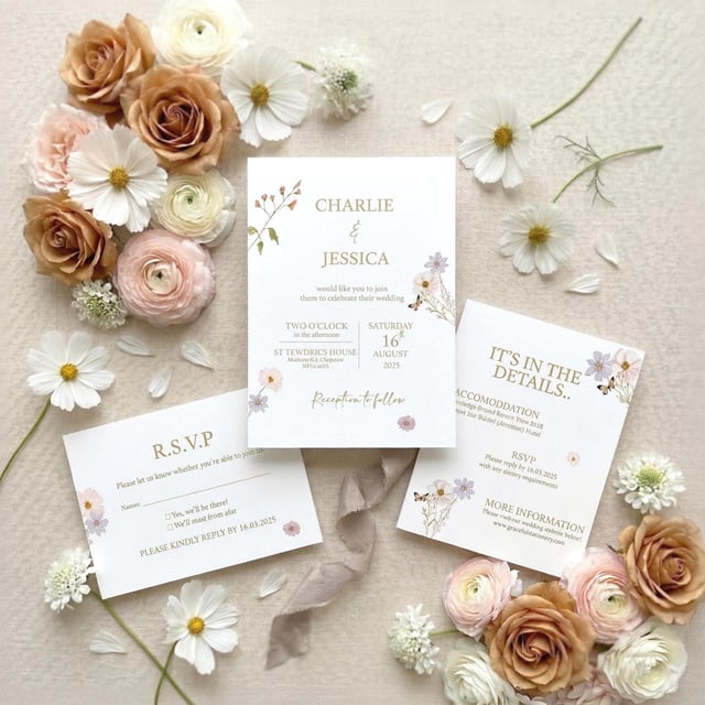The Grace wildflower invitation, RSVP and details cards for Charlie & Jessica in gold lettering with pink and lilac watercolour flowers, surrounded by toffee roses, ranunculus and white cosmos.
