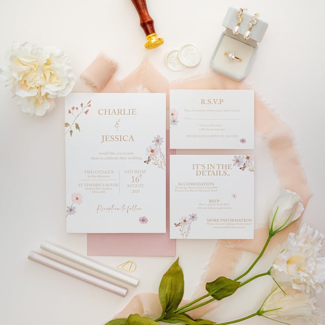 Wedding stationery set with floral designs. The main invitation card displays the names "Charlie & Jessica" and event details. Includes RSVP and accommodation cards, wax seals, a gold ring, and earrings.