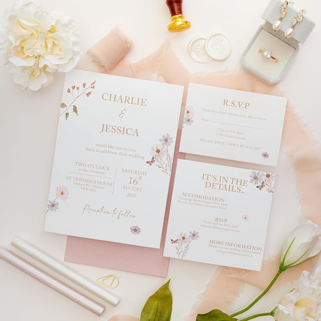 Grace wildflower invitation, RSVP card and details card side by side on a blush pink envelope, styled with peach silk ribbon, ivory wax seals, a ring box and pearl drop earrings.