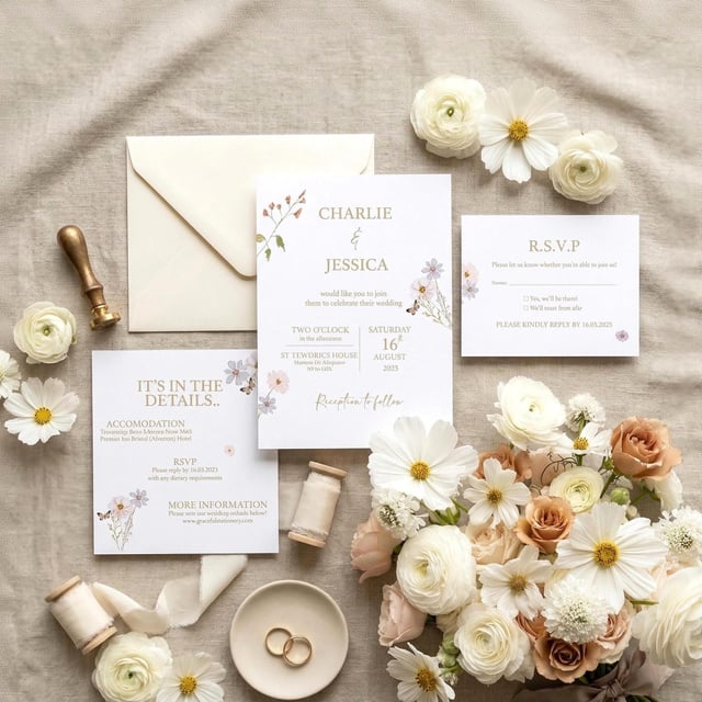 A wedding stationery set featuring an invitation, RSVP card, and details card. The design includes the names "Charlie & Jessica", the date, and floral illustrations. A bouquet of flowers and wedding rings are also present, arranged with other items.