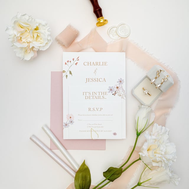 Wedding stationery set with floral designs, including an invitation, RSVP card, and a pink envelope. The image also shows a ring box with jewellery, white flowers, wax seals, and a sealing wax stamp.