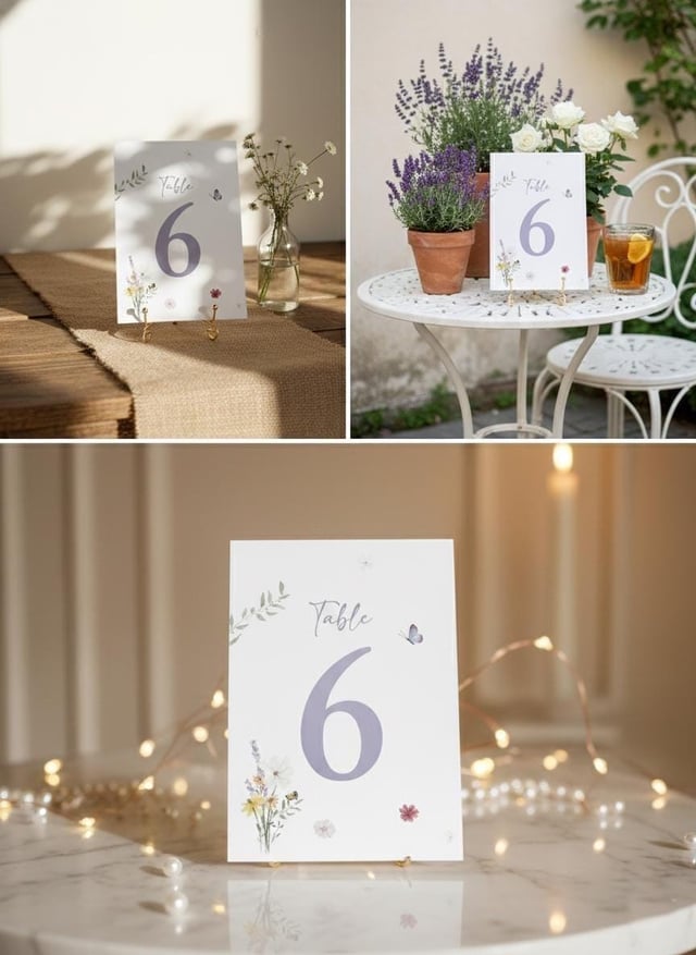Meadow wildflower table number 6 shown in three settings: on a jute runner by a bud vase, on a garden bistro table with potted lavender, and on marble with fairy lights.