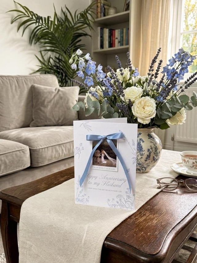 An anniversary card with a blue ribbon and a photo of a couple. The card says "Happy Anniversary to my Husband." A vase holds white roses, blue delphiniums, and lavender. A cup of tea and glasses rest on the table. The table is made of wood.