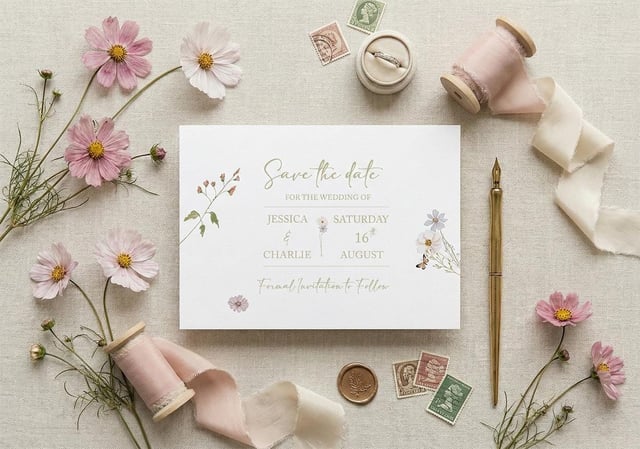 Pink floral save the date for Jessica & Charlie, Saturday 16th August, with watercolour wildflowers, styled with pink cosmos, vintage stamps, ribbon spools, a ring box and a gold dip pen.