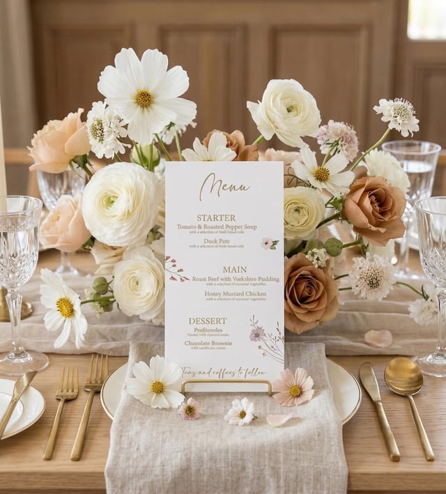 Soft floral wildflower menu in a gold stand in front of white cosmos, ranunculus and toffee roses, with gold cutlery and a linen napkin.