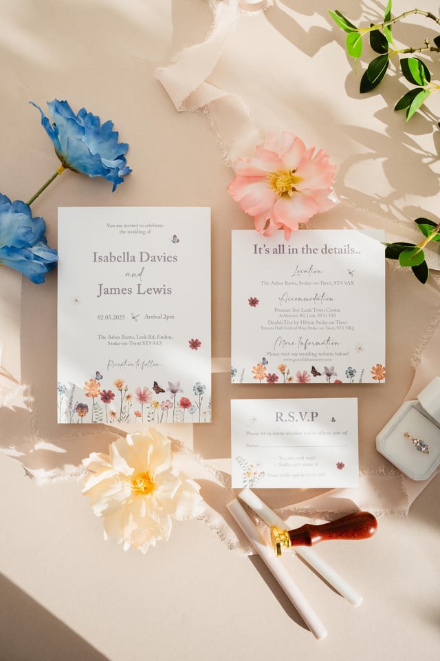 Top-down flat lay of the wildflower invitation, details card and RSVP card with a ring box, wax seal stamp and blue, peach and cream flowers on linen.