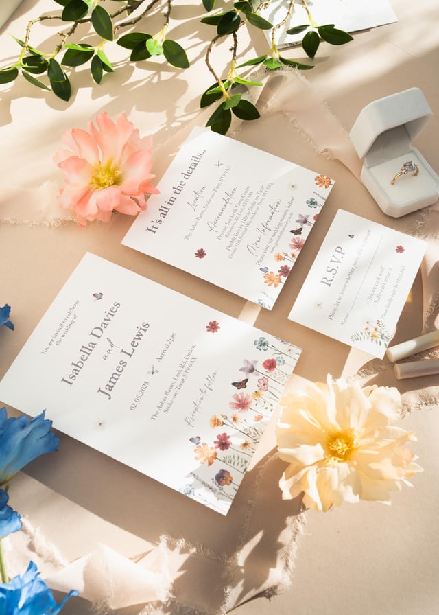 Wildflower invitation suite sample shown at an angle in warm sunlight, with a ring box and peach and cream flowers.