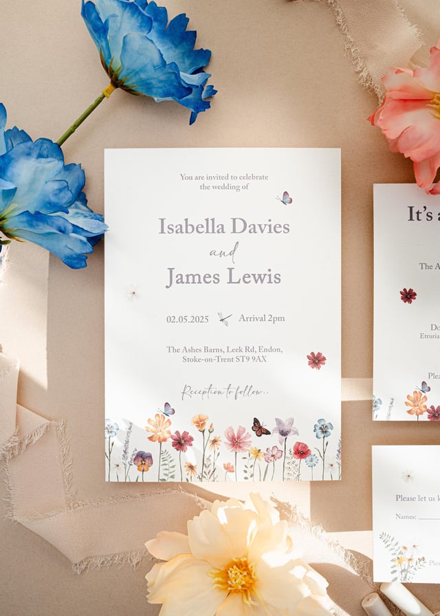 Close-up of the wildflower invitation for Isabella Davies and James Lewis with its watercolour meadow border, beside blue and peach flowers.
