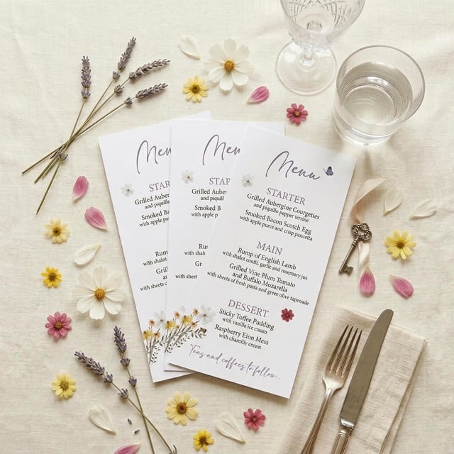 Three white menu cards with floral accents and handwritten text, arranged with lavender sprigs, flowers, and a key. A fork, knife, and glass of water are also present. The menu includes starters, main courses, and desserts.
